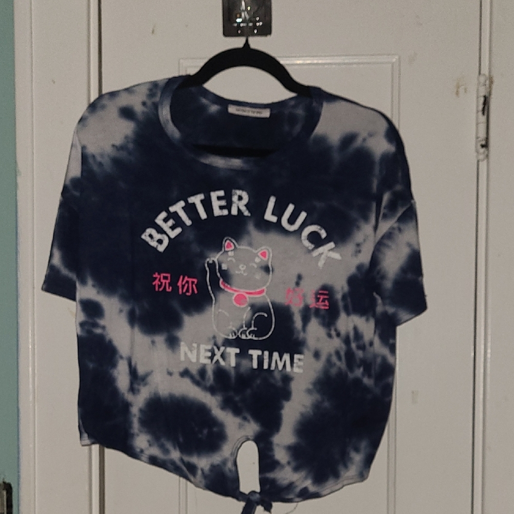 Caution To The Wind Navy Tie-Dye Cat Crop Top